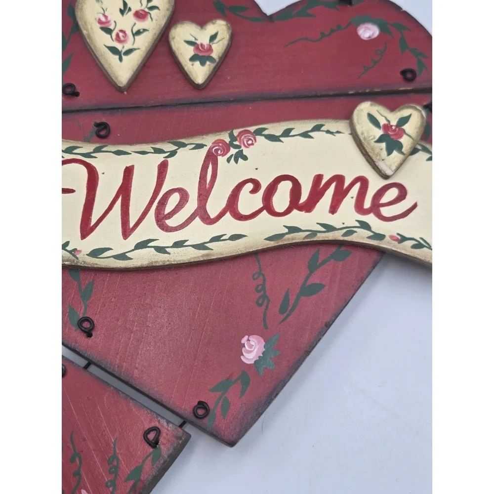 Wooden Heart Shaped WELCOME Sign w/Pink Roses  Cottagecore Country Folk Art